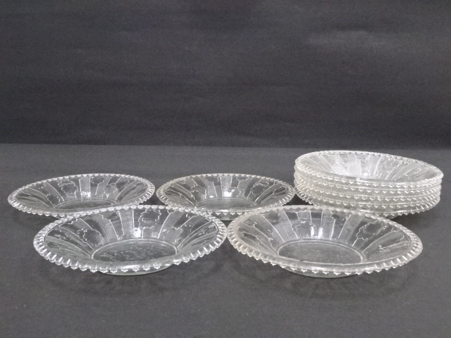 JAPANESE PRESSED GLASS SMALL PLATE SET OF 9 